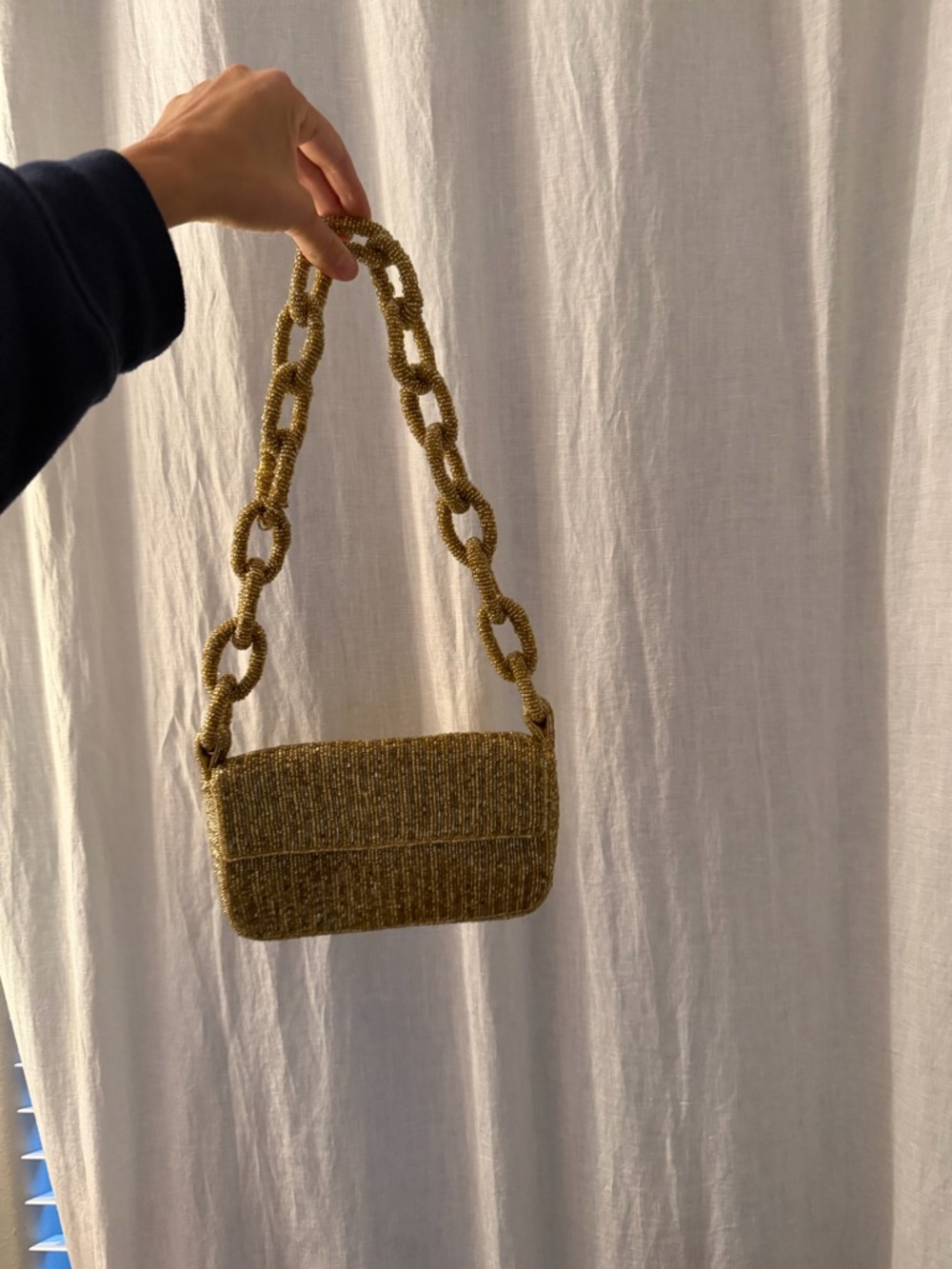 Gold Beaded Chain-Handle Shoulder Bag